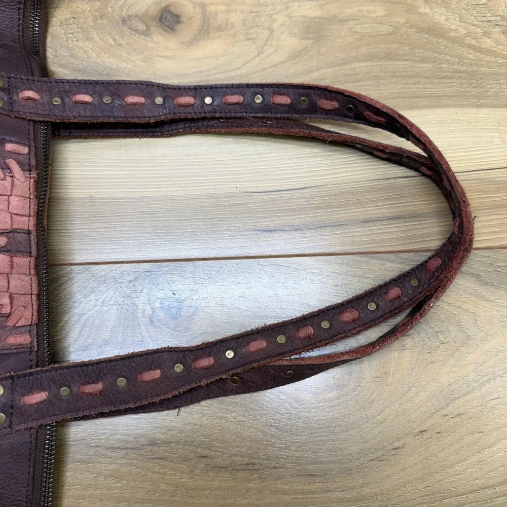 Mo & Co Large Burgundy Brown Leather Zip Top Tote Weave Woven Pink Boho Festival